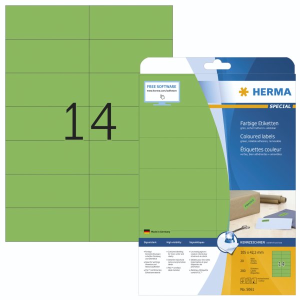 Herma Etiketten grün    105x42,3 20 Blatt DIN A4 280 Stück   5061